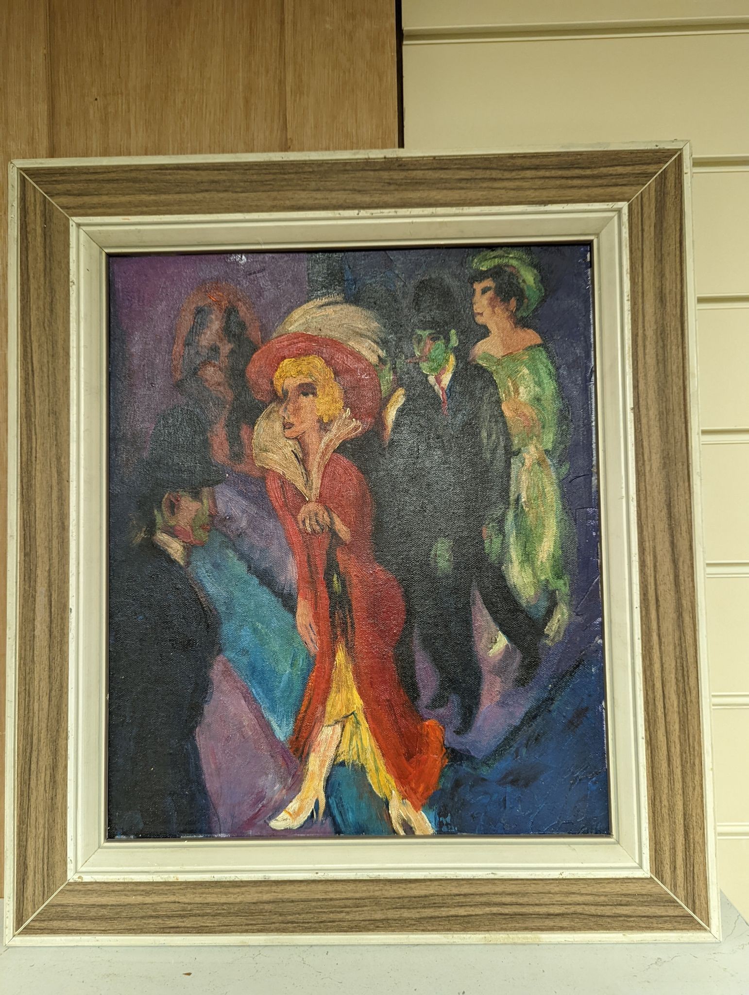After Ernst Kircher, oil on board, Street scene with woman in a red dress, 39 x 32cm